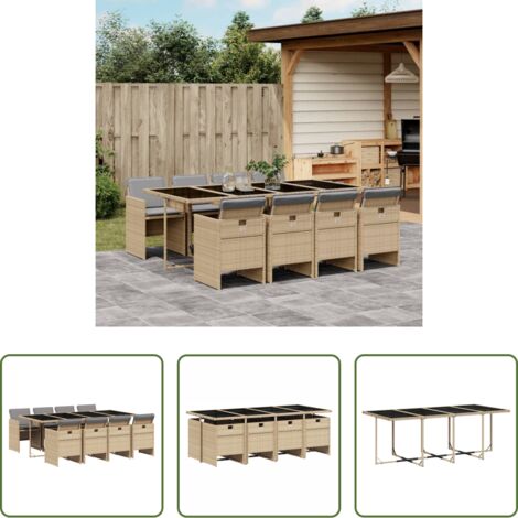 vidaXL Tavolo da giardino -  Set Pranzo da Giardino 9 pz con Cuscini Beige Misto Polyrattan