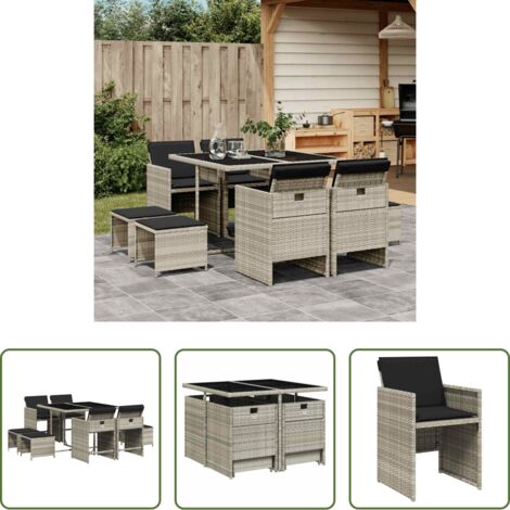 vidaXL Tavolo da giardino -  Set Pranzo da Giardino 9pz con Cuscini Grigio Chiaro Polyrattan