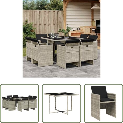 vidaXL Tavolo da giardino -  Set Pranzo da Giardino 9pz con Cuscini Grigio Chiaro Polyrattan