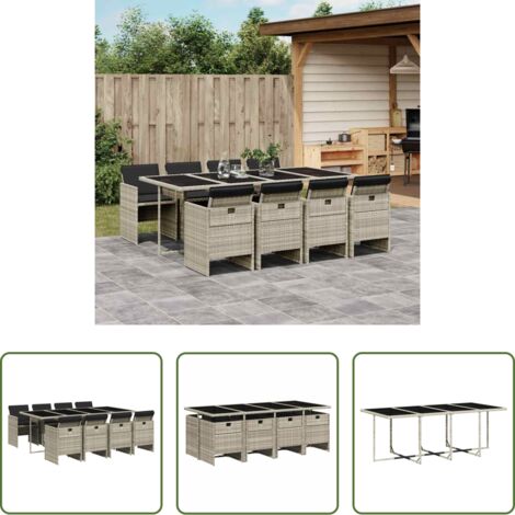 vidaXL Tavolo da giardino -  Set Pranzo da Giardino 9pz con Cuscini Grigio Chiaro Polyrattan