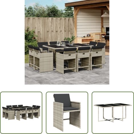 vidaXL Tavolo da giardino -  Set Pranzo Giardino 11pz con Cuscini Grigio Chiaro Polyrattan