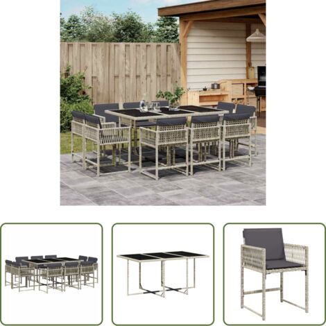 vidaXL Tavolo da giardino -  Set Pranzo Giardino 11pz con Cuscini Grigio Chiaro Polyrattan
