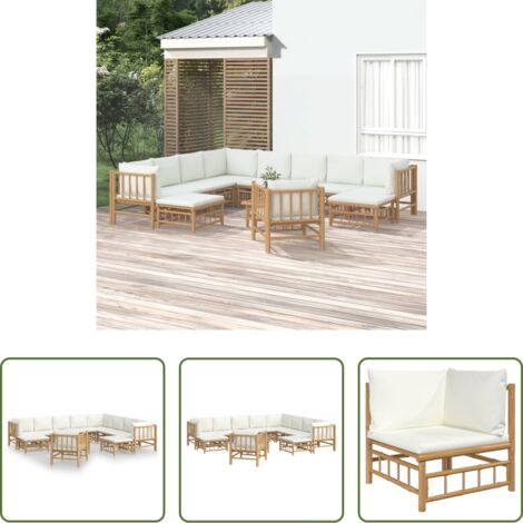 vidaXL Tavolo da giardino -  Set Salotto da Giardino 12pz con Cuscini Bianco Crema in Bambù