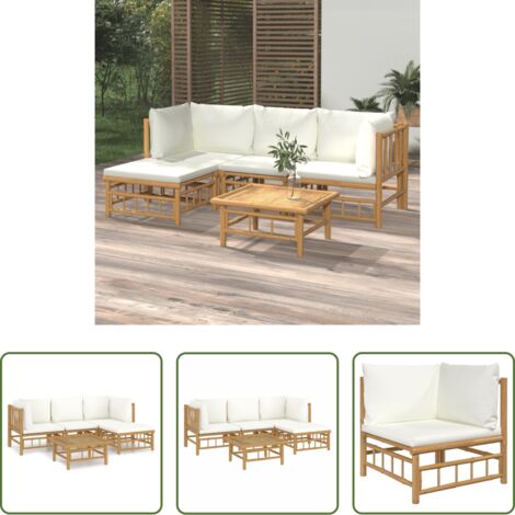 vidaXL Tavolo da giardino -  Set Salotto da Giardino 5pz con Cuscini Bianco Crema in Bambù