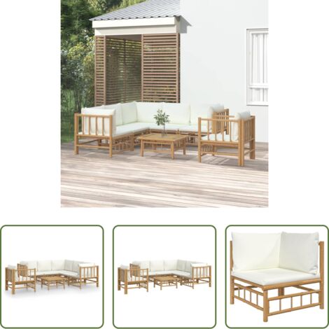 vidaXL Tavolo da giardino -  Set Salotto da Giardino 7pz con Cuscini Bianco Crema in Bambù