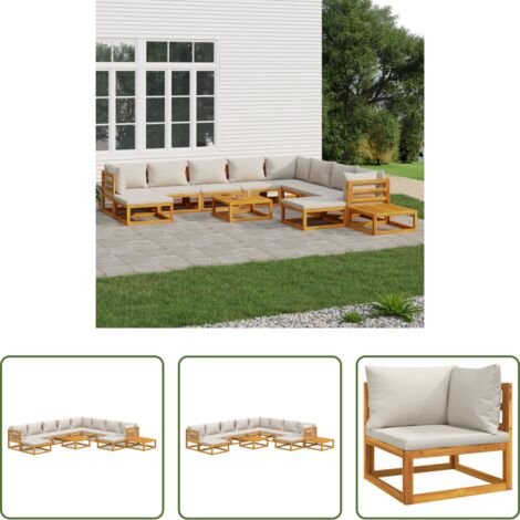 vidaXL Tavolo da giardino -  Set Salotto Giardino 12pz Cuscini Grigio Chiaro Legno Massello