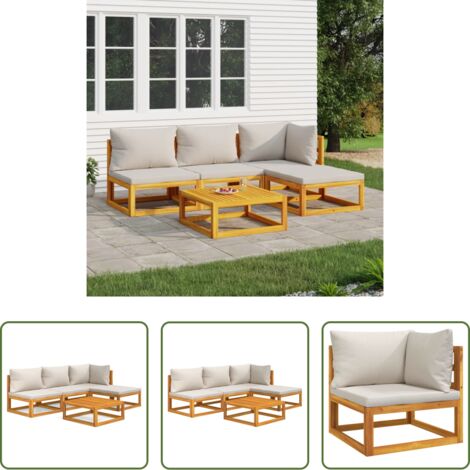 vidaXL Tavolo da giardino -  Set Salotto Giardino 5pz Cuscini Grigio Chiaro Legno Massello