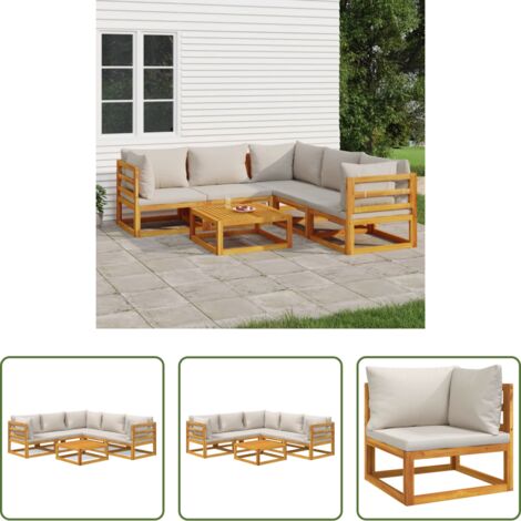 vidaXL Tavolo da giardino -  Set Salotto Giardino 6pz Cuscini Grigio Chiaro Legno Massello