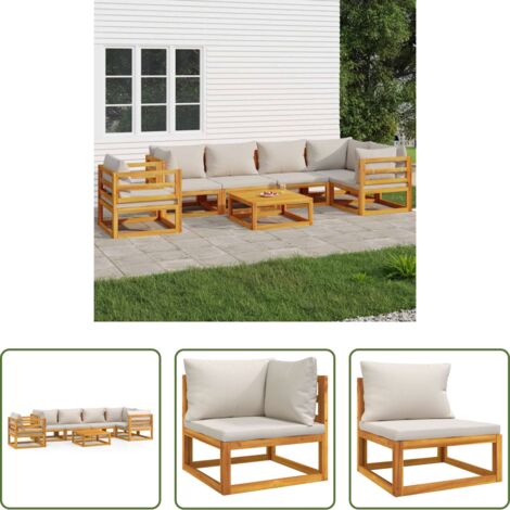 vidaXL Tavolo da giardino -  Set Salotto Giardino 7pz Cuscini Grigio Chiaro Legno Massello