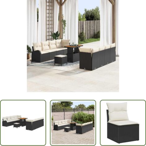 vidaXL Tavolo da pranzo esterno -  Set Divano da Giardino con cuscino 11 pcs Nero polyrattan