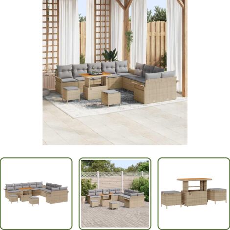 vidaXL Tavolo da pranzo esterno -  Set Divano da Giardino con cuscino 13 pcs Beige polyrattan