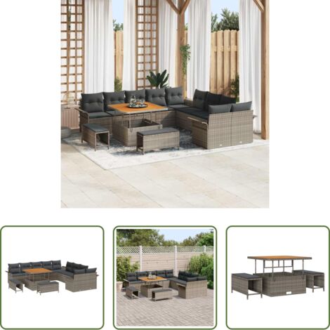 vidaXL Tavolo da pranzo esterno -  Set Divano da Giardino con cuscino 13 pcs Grigio polyrattan