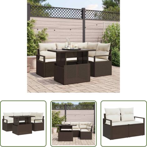 vidaXL Tavolo da pranzo esterno -  Set Divano da Giardino con cuscino 5 pcs Marrone Poly Rattan