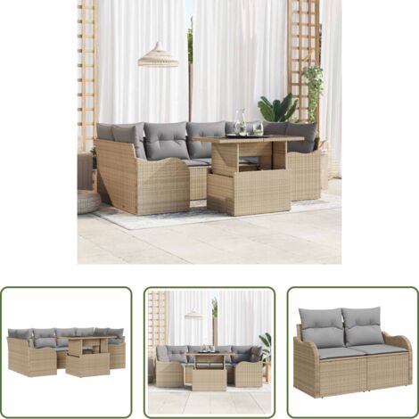vidaXL Tavolo da pranzo esterno -  Set Divano da Giardino con cuscino 7 pcs Beige Poly Rattan