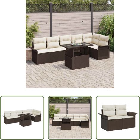 vidaXL Tavolo da pranzo esterno -  Set Divano da Giardino con cuscino 7 pcs Marrone Poly Rattan