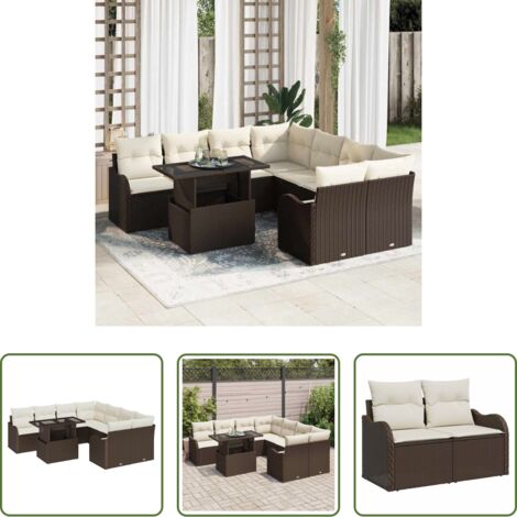 vidaXL Tavolo da pranzo esterno -  Set Divano da Giardino con cuscino 9 pcs Marrone Poly Rattan