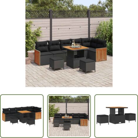 vidaXL Tavolo da pranzo esterno -  Set Divano da Giardino con cuscino 9 pcs Nero