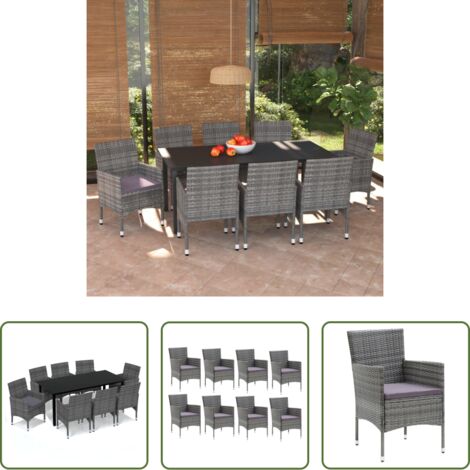 vidaXL Tavolo da pranzo esterno -  Set Pranzo da Giardino 9 pz con Cuscini in Polyrattan Grigio