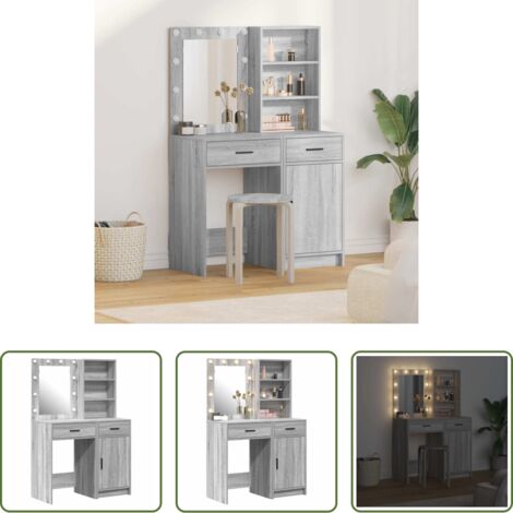 vidaXL Tavolo da trucco con cassetti -  Set da tavolo da trucco con LED con porta 2 pcs Grigio Sonoma