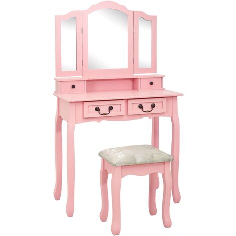 vidaXL Tavolo da Trucco con Sgabello Rosa 80x69x141 cm Legno Paulownia