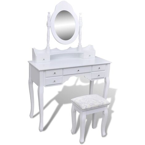 vidaXL Tavolo da Trucco con Specchio e Sgabello 7 Cassetti Bianco