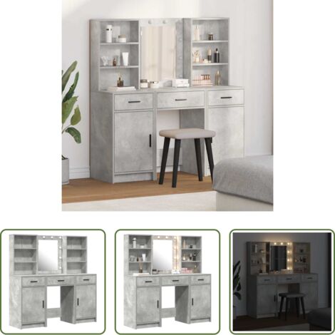 vidaXL Tavolo da trucco moderno -  Set da tavolo da trucco con LED con porta 3 pcs Grigio cemento