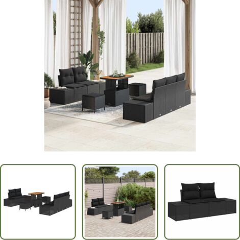 vidaXL Tavolo esterno - Set Divano da Giardino con cuscino 8 pcs Nero polyrattan