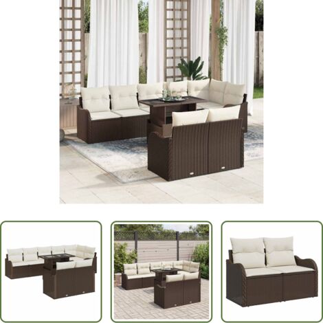 vidaXL Tavolo in vetro temperato -  Set di relax con cuscino 9 pcs Marrone Poly Rattan
