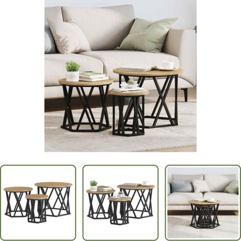 vidaXL Tavolo rotondo -  Tavolo Laterale Nesting 3 pcs Rovere artigianale