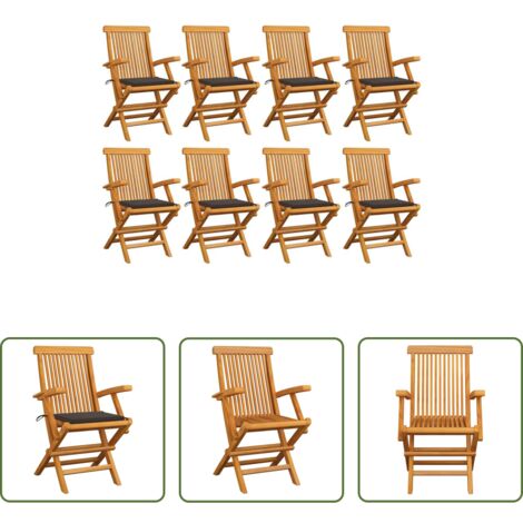 vidaXL Teak - Sedie da Giardino con Cuscini Tortora 8 pz Legno Massello Teak