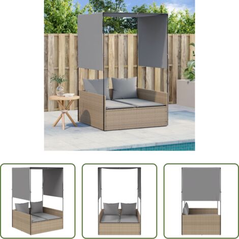 vidaXL Techo exterior -  Tumbona doble con techo y cortinas ratán sintético beige