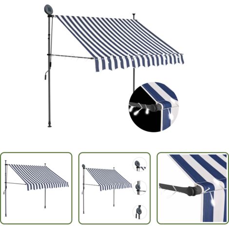 vidaXL Tenda da sole con LED -  Tenda da Sole Retrattile Manuale con LED 150 cm Blu e Bianca