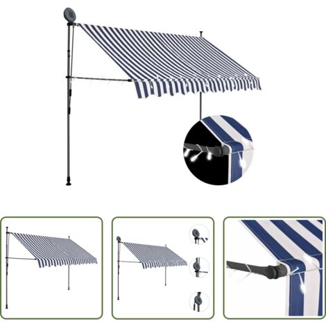 vidaXL Tenda da sole con LED -  Tenda da Sole Retrattile Manuale con LED 250 cm Blu e Bianca