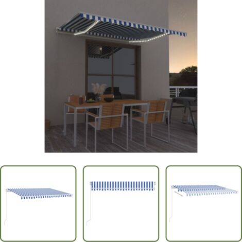 vidaXL Tenda da sole con LED -  Tenda da Sole Retrattile Manuale con LED 400x350 cm Blu Bianco