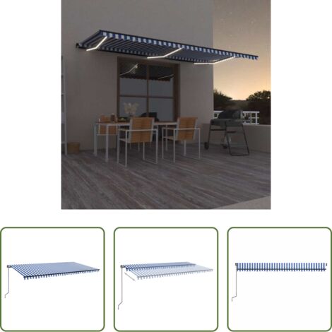 vidaXL Tenda da sole con LED -  Tenda da Sole Retrattile Manuale con LED 600x300cm Blu e Bianco