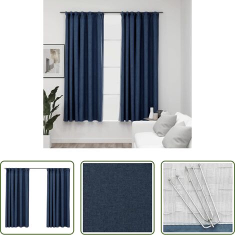 vidaXL Tende per soggiorno -  Tende Oscuranti con Ganci Effetto Lino 2 pz Blu 140x175 cm