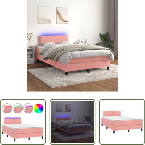 vidaXL Terciopelo rosa -  Cama box spring colchón y LED terciopelo rosa 120x200 cm