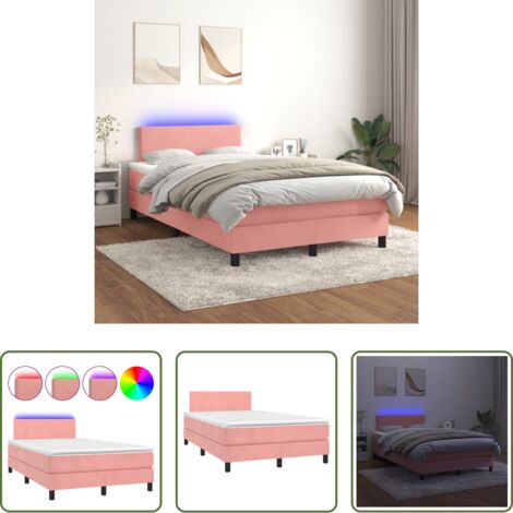 vidaXL Terciopelo rosa -  Cama box spring colchón y LED terciopelo rosa 120x200 cm