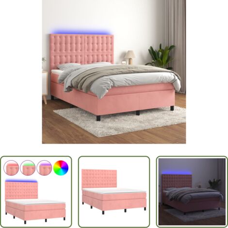 vidaXL Terciopelo rosa -  Cama box spring colchón y LED terciopelo rosa 140x190 cm