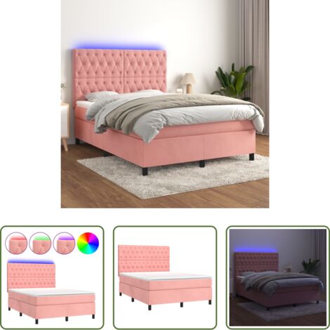 vidaXL Terciopelo rosa -  Cama box spring colchón y LED terciopelo rosa 140x190 cm