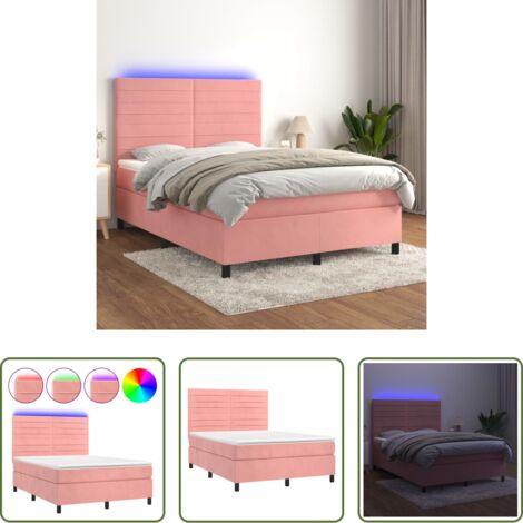 vidaXL Terciopelo rosa -  Cama box spring colchón y LED terciopelo rosa 140x190 cm