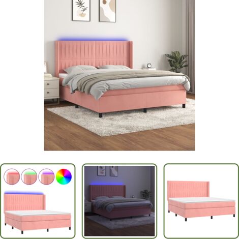 vidaXL Terciopelo rosa -  Cama box spring colchón y LED terciopelo rosa 180x200 cm