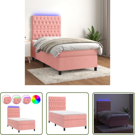 vidaXL Terciopelo rosa -  Cama box spring colchón y LED terciopelo rosa 90x190 cm