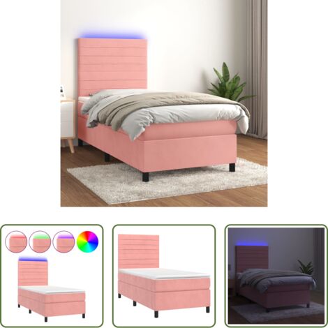vidaXL Terciopelo rosa -  Cama box spring colchón y LED terciopelo rosa 90x200 cm