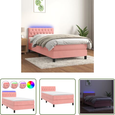 vidaXL Terciopelo rosa -  Cama box spring colchón y LED terciopelo rosa 90x200 cm