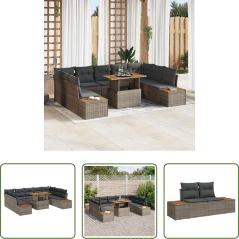 vidaXL Terraza -  Conjunto de Comedor de Jardín con cojín 10 pcs Gris y marrón