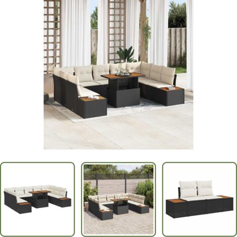 vidaXL Terraza -  Conjunto de Comedor de Jardín con cojín 10 pcs Negro y Beige