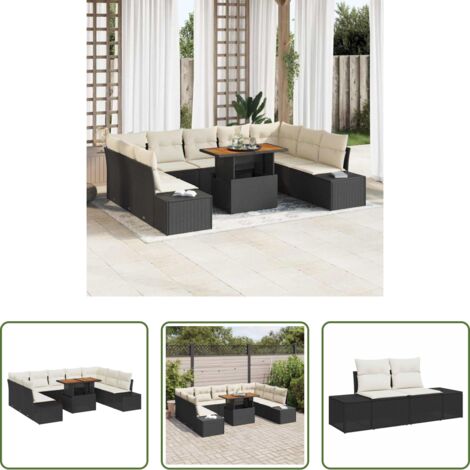 vidaXL Terraza -  Conjunto de Comedor de Jardín con cojín 10 pcs Negro y crema