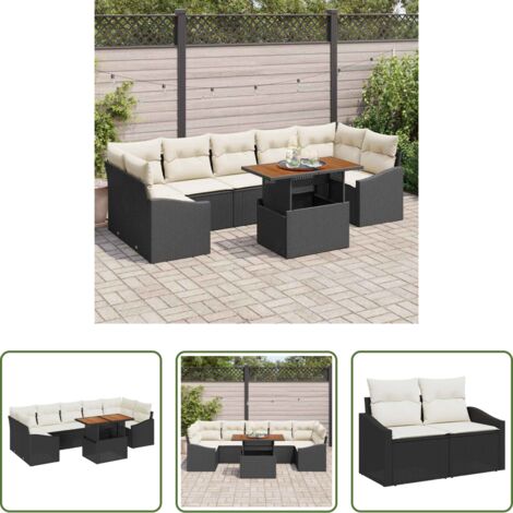 vidaXL Terraza -  Conjunto de Comedor de Jardín con cojín 8 pcs Negro y crema