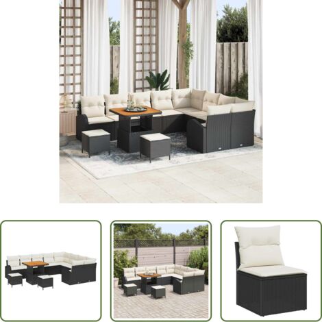 vidaXL Terraza -  Conjunto de sofá de jardín con cojín 12 pcs Negro y crema